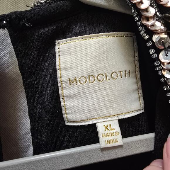 Modcloth black chiffon knee length sleeveless dress gold sequin beaded collar XL - Picture 3 of 13